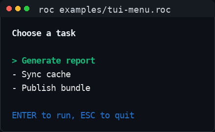 TUI menu rendered in a terminal