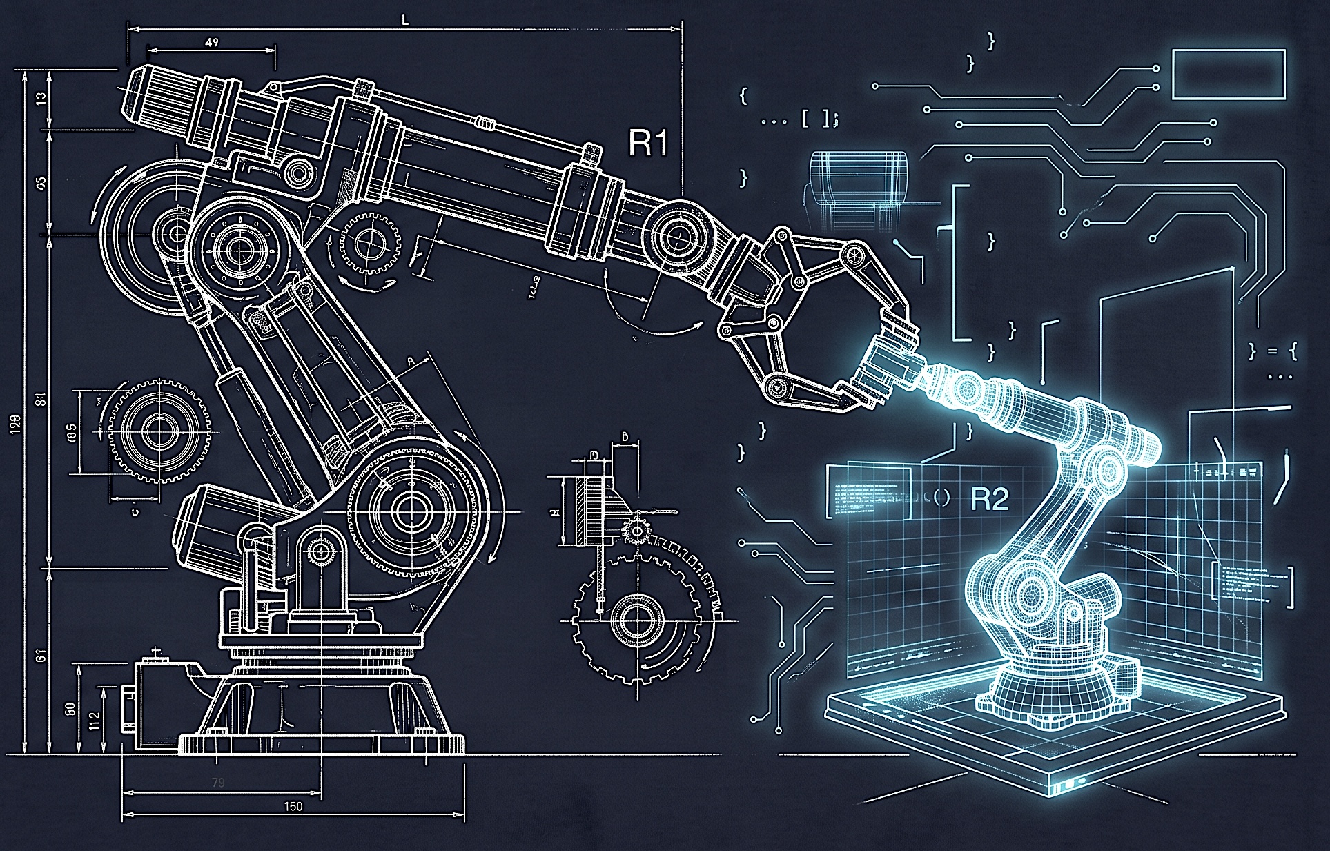 Blueprint illustration of robotic arms
