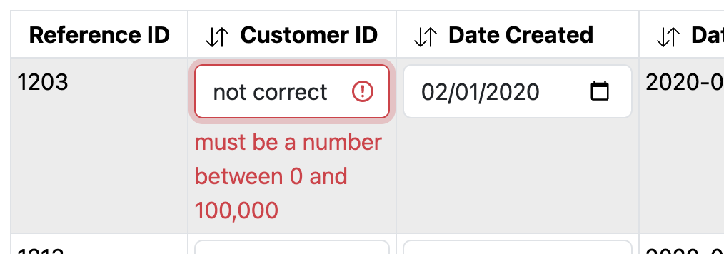 screen capture of an invalid form